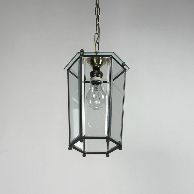 Mid-Century Modern Mid-Century Brass and Beveled Glass Lantern Pendant Light in the style of Adolf Loos, Italy, 1970s For Sale - Image 3 of 9