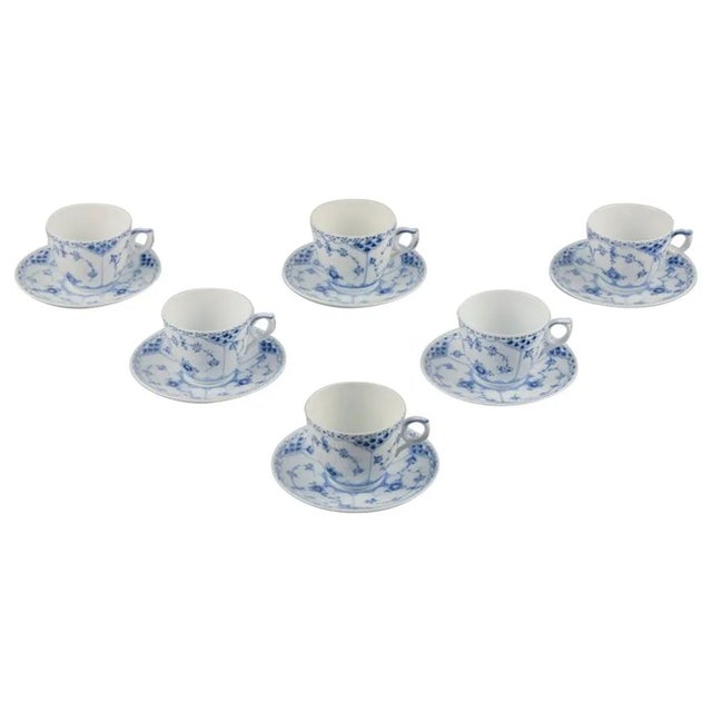 Blue Fluted Half Lace Coffee Cups & Saucers from Royal Copenhagen, Set of 12 For Sale - Image 9 of 9