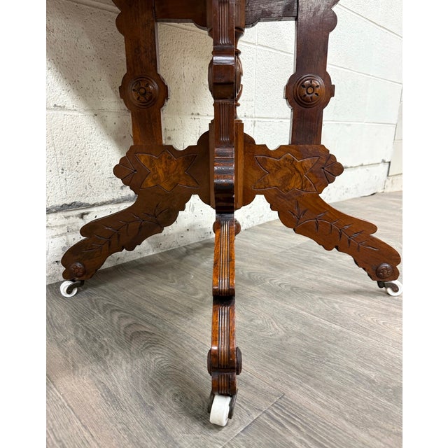 Brown Antique Victorian Eastlake Marble Top Walnut Parlor Table For Sale - Image 8 of 14