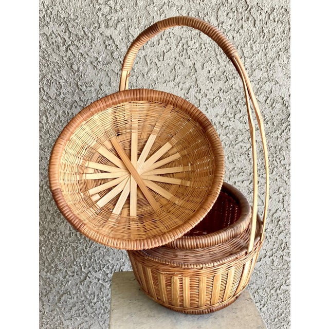 Circa 1970 Handwoven Oval Rattan & Split Bamboo Lidded Basket For Sale - Image 4 of 13