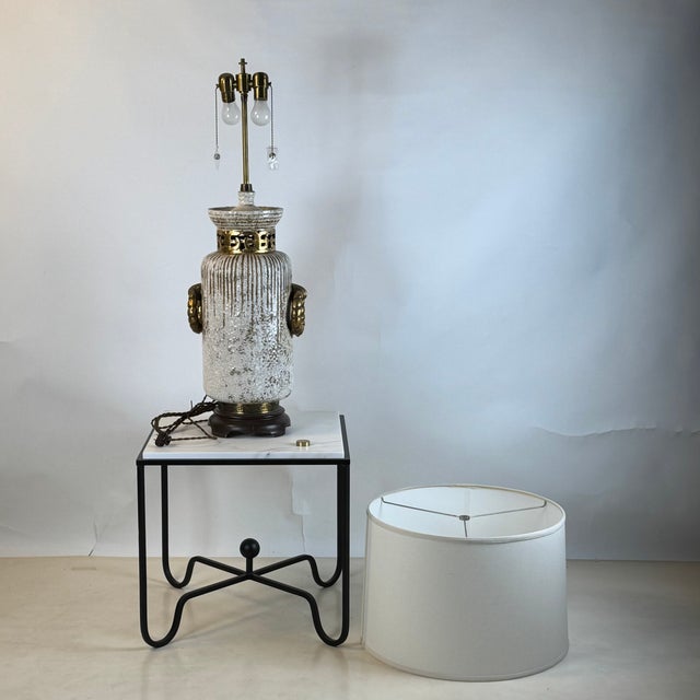 Ceramic Impressive Crackled Cream and Gilt Glazed Ceramic Lamp With Custom Linen Shade For Sale - Image 7 of 12