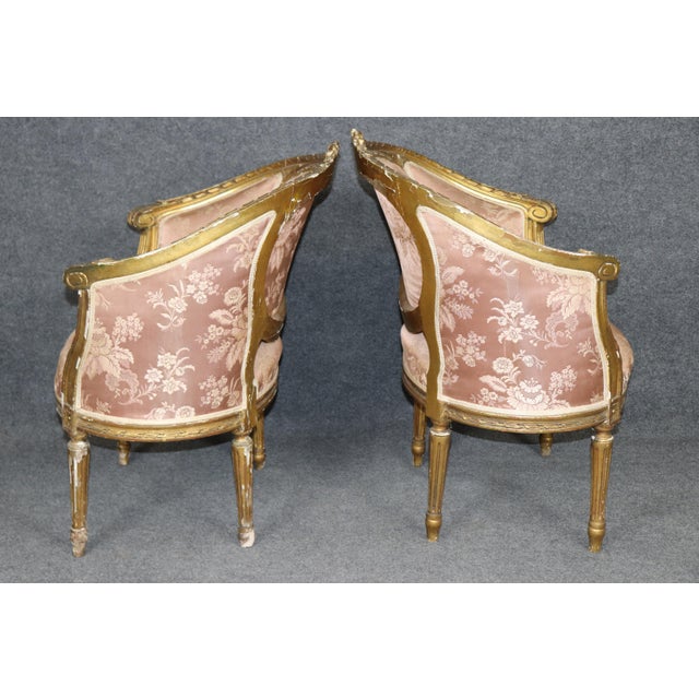 Fantastic Pair of Giltwood Corbeille Form French Louis XVI Salon Bergere Chairs For Sale - Image 4 of 12
