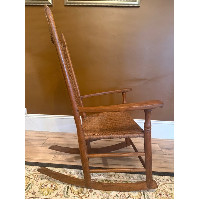 Antique Oak Rocking Chair With Woven Splint Seat and Back For Sale - Image 6 of 16