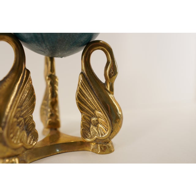 Vintage Hollywood Regency Brass Swan Stand With Malachite-Style Sphere For Sale - Image 12 of 15