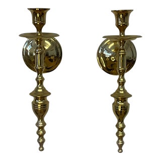 Mid 20th Century Traditional Brass Wall Candle Holder Sconces - a Pair For Sale