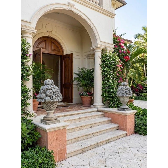 Pair of Vintage Cast Stone Fruit Basket Garden Finials & Architectural Urns For Sale - Image 9 of 12
