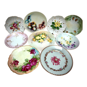 Vintage Assortment of French Floral Porcelain China Dishes, Set of Nine