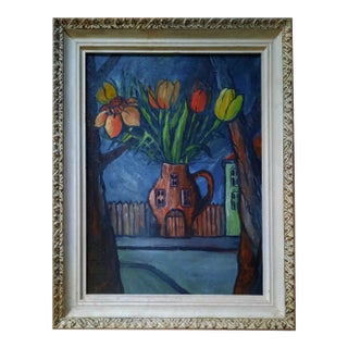 David Burliuk Signed Expressionist Oil Painting, Floral Still Life With House-Vase For Sale
