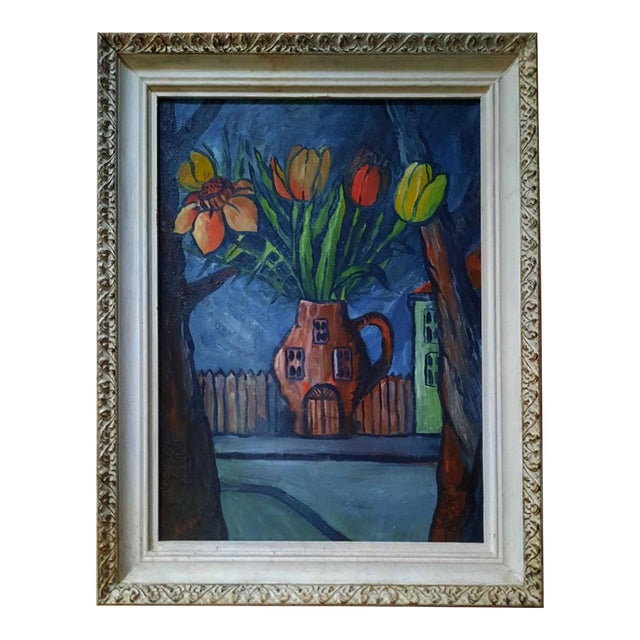 David Burliuk Signed Expressionist Oil Painting, Floral Still Life With House-Vase For Sale