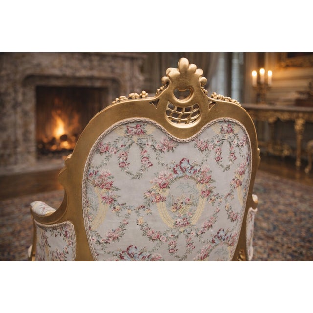 Wood 1970 French Louis XVI Gold Beech Damask Bergères - Pair For Sale - Image 7 of 14