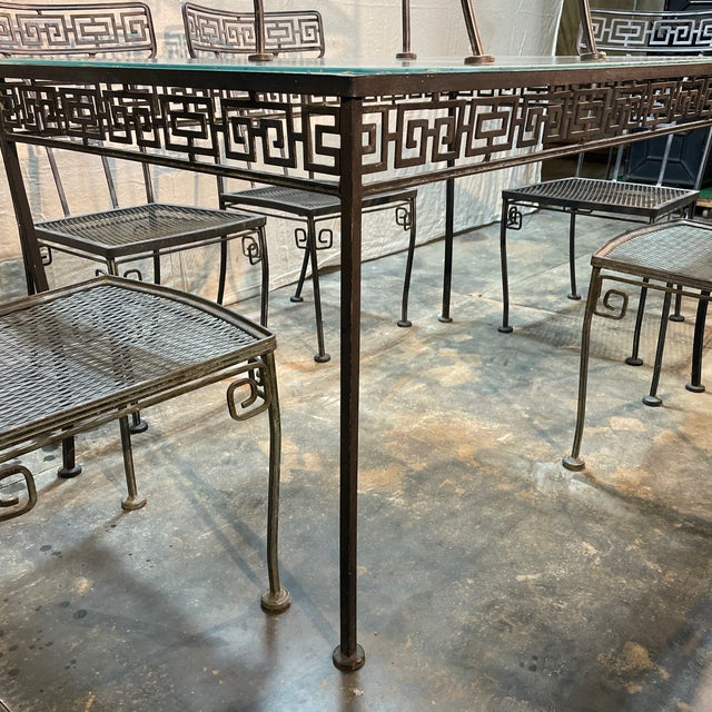 1940s Salterini Greek Key Wrought Iron Patio Table & 6 Chairs, Attributed For Sale - Image 10 of 11