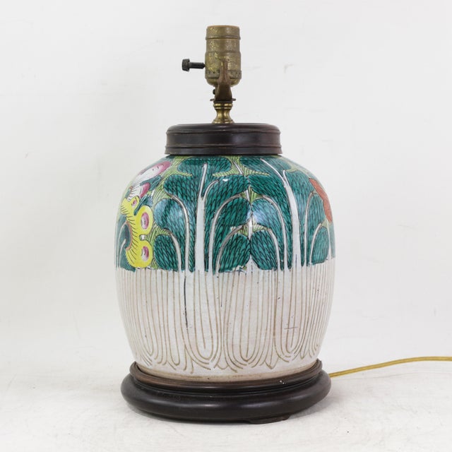 Chinese Antique Famille Rose Bok Choy Porcelain Table Lamp With Cabbage Leaf and Butterfly Motif For Sale - Image 3 of 13