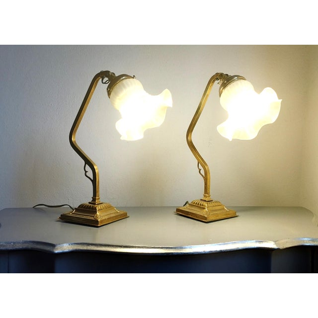 Art Nouveau Brass Lamps with Tulip Lampshades, 1930s, Set of 2 For Sale - Image 4 of 11