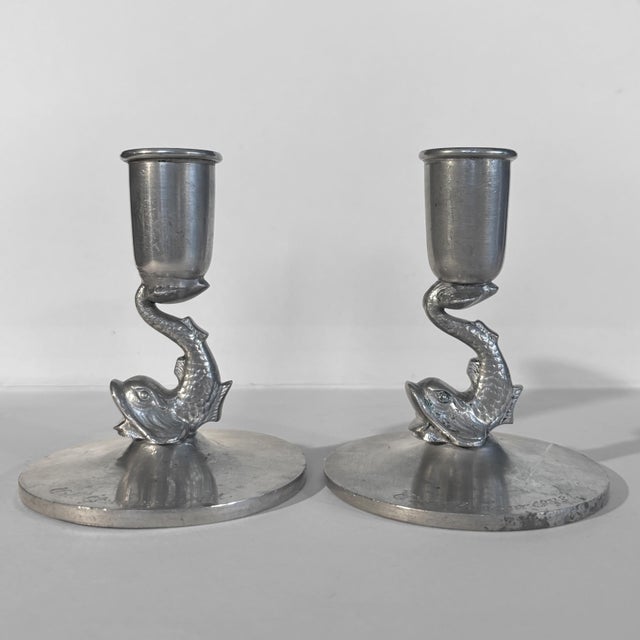 Silver Art Deco Scandinavian Pewter Candlesticks with Sculptural Fish, Sweden, 1931, Set of 2 For Sale - Image 8 of 8