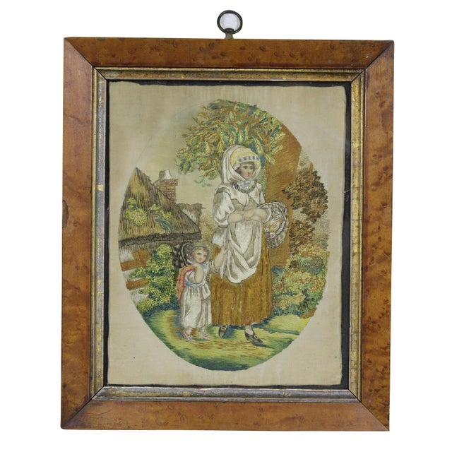 Antique 19th Century Embroidered Silk French Pastoral Provincial Scene Woman Child Stumpwork For Sale - Image 11 of 11