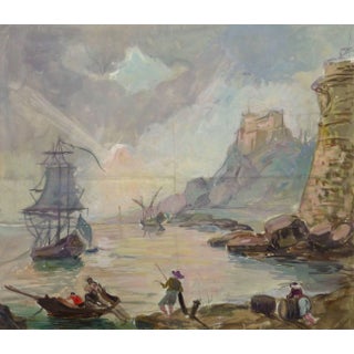 French Watercolor Seascape - Sunset Harbor For Sale