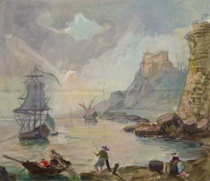 French Watercolor Seascape - Sunset Harbor