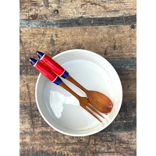 Vintage Italian Striped Ceramic Salad Bowl and Utensils - 3 pcs For Sale - Image 10 of 12
