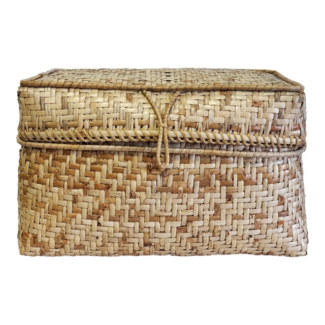 Large Vintage Lidded Storage Basket For Sale