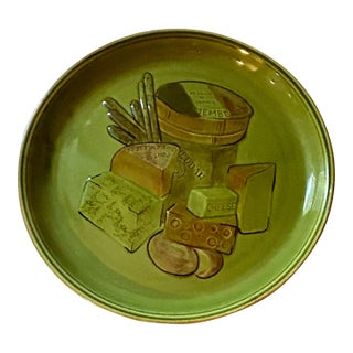 1960 Green French Cheese and Bread Round Plate Serving Platters by Los Angeles Potteries For Sale