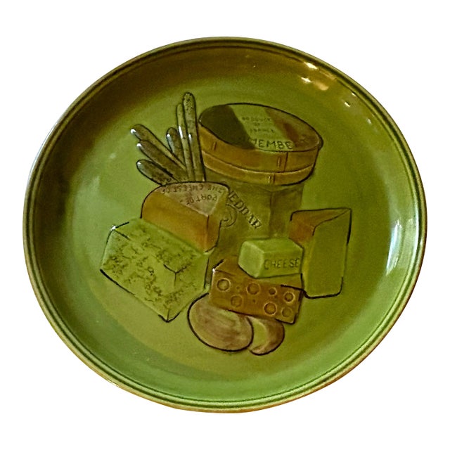 1960 Green French Cheese and Bread Round Plate Serving Platters by Los Angeles Potteries For Sale