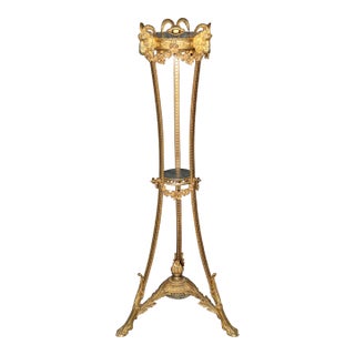 Superb Dore' Bronze Rams Head Verdi Marble Top and Bottom Two Tier Pedestal For Sale