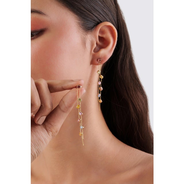 Yellow Rainbow Cascade Multicolor Gemstone Drop Earrings by VRJewels in 14k Solid Gold- A Pair For Sale - Image 8 of 16
