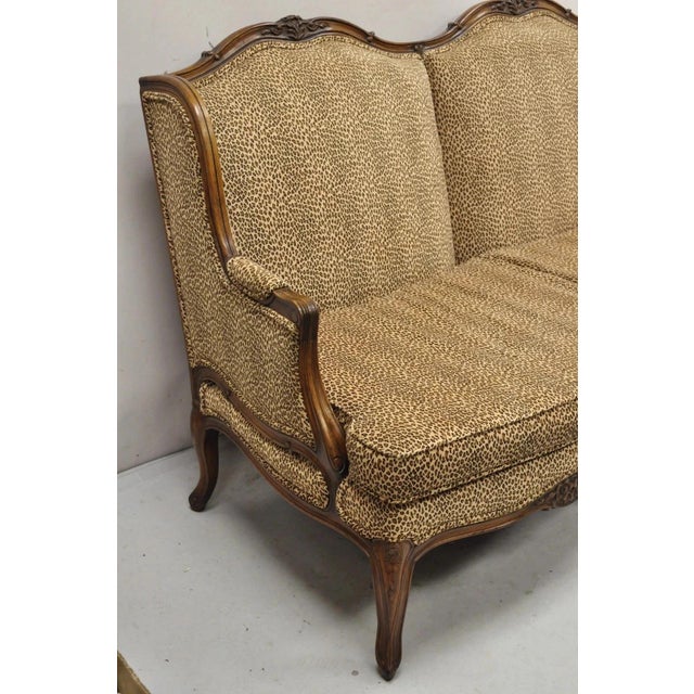 Vintage French Country Louis XV Carved Walnut Cheetah Print Wingback Sofa Settee For Sale In Philadelphia - Image 6 of 12