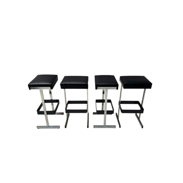 Mid-Century Modern Bar Stools with Black Leather Seats, 1970s, Set of 4 For Sale - Image 7 of 14