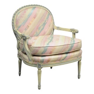Vintage French Louis XVI Pink Blue Carved Bergere Boudoir Lounge Arm Chair For Sale