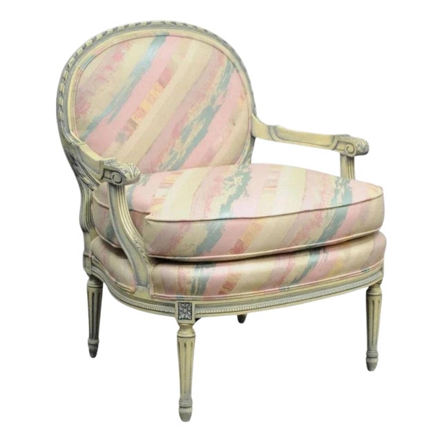 Vintage French Louis XVI Pink Blue Carved Bergere Boudoir Lounge Arm Chair For Sale