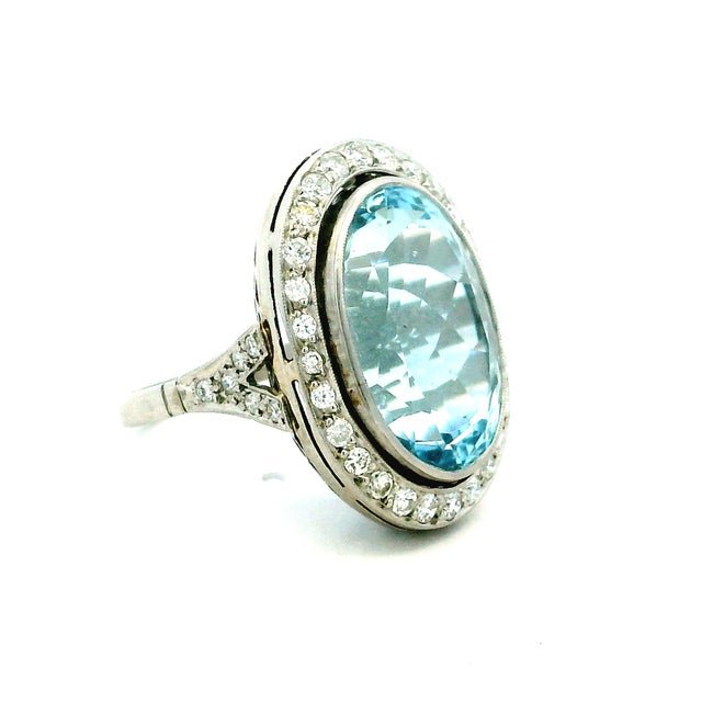 1920s 1920s Art Deco Platinum Aquamarine & Diamond Cocktail Ring, Size 6.25 For Sale - Image 5 of 13