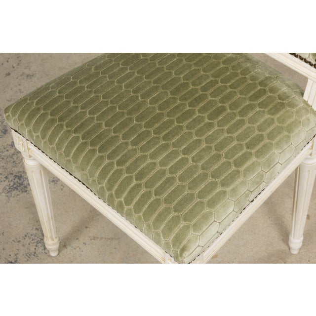 Antique French Louis XVI Style Painted Side Chairs W/ Green Geometric Velvet – A Pair For Sale - Image 17 of 18