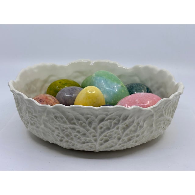 Mid 20th Century Vintage Majolica Style White Cabbage Bowl With Colorful Alabaster Eggs Made in Italy- Set of 11 Pieces For Sale - Image 5 of 12
