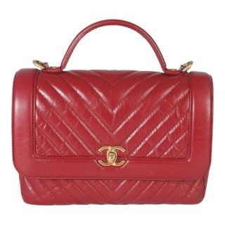Red Chevron Calfskin Top Handle Flap Bag For Sale