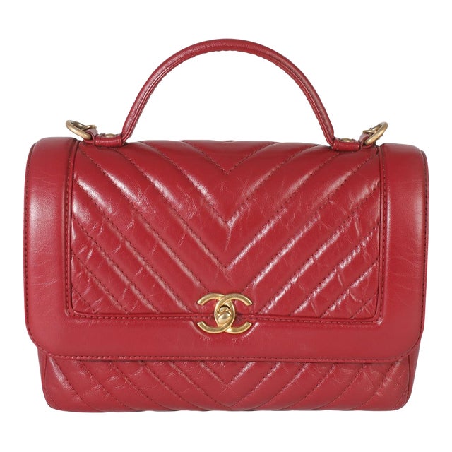 Red Chevron Calfskin Top Handle Flap Bag For Sale