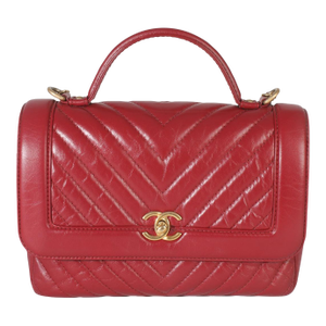 Red Chevron Calfskin Top Handle Flap Bag