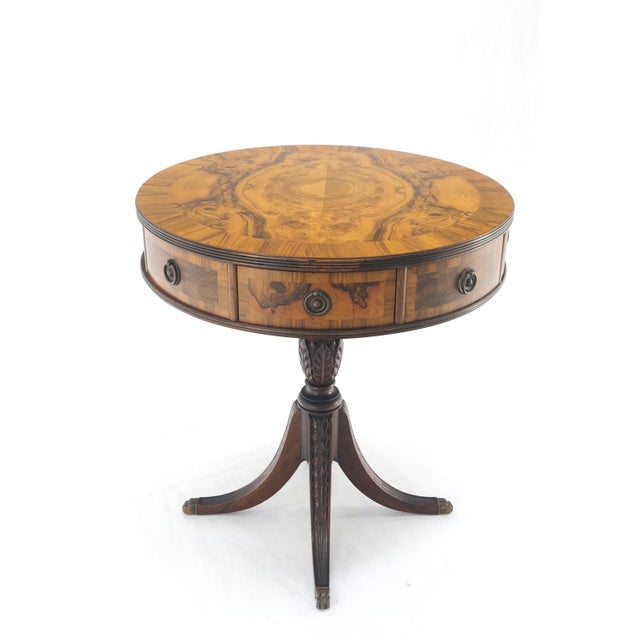 Brown Walnut Round Drum Center Side Table Stand w/ Drawers Johnson Furniture Mint! For Sale - Image 8 of 13