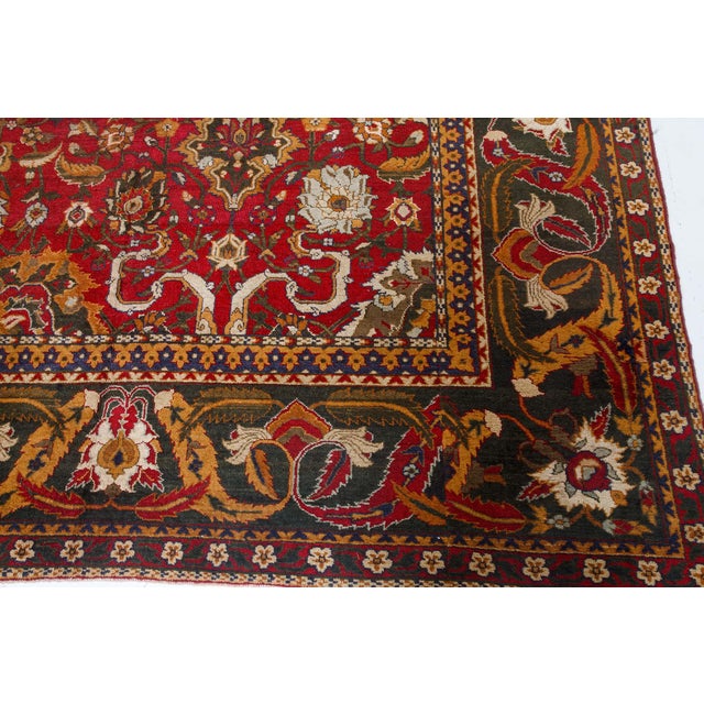 Textile Authentic Indian Agra Bold Red Handmade Wool Carpet For Sale - Image 7 of 8