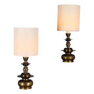 Cast Brass Wall Lights with Linen Shades by Mauritius, 1977, Set of 2 For Sale