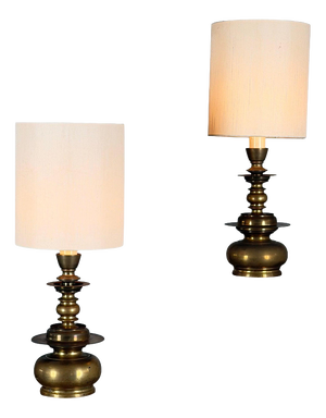 Cast Brass Wall Lights with Linen Shades by Mauritius, 1977, Set of 2