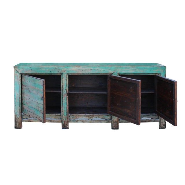 Distressed Pastel Teal Blue Finish High Credenza Console Buffet Table