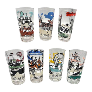 1960s Barware Highball "Cities of the World" Drinking Glasses- Set of 7