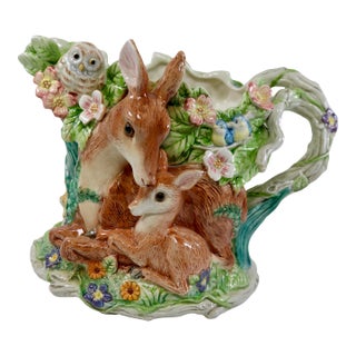 1990s Fitz and Floyd Woodland Spring Pitcher With Deer, Fawn, Owl and Rabbit For Sale