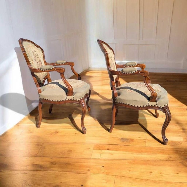 Pair of Early 20th Century Louis XV-Style Carved Wood Armchairs With Tapestry Upholstery For Sale - Image 14 of 14