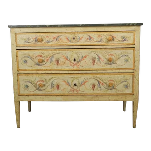 19th Century Antique Italian Painted Chest of Drawers With Painted Bird and Floral Motif