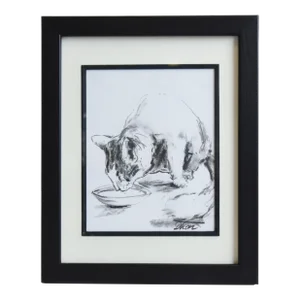Cat Drinking Milk From Saucer Abstract Pastel Drawing Artwork Displayed in a Black Wood Frame Under Plexiglass