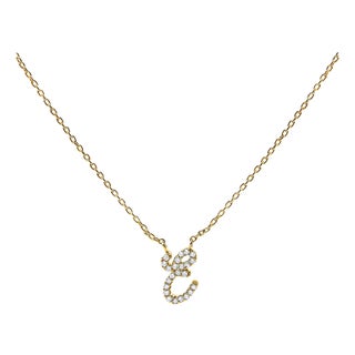 10K Yellow Gold Diamond Accent "E" Initial Script Style Pendant Necklace For Sale