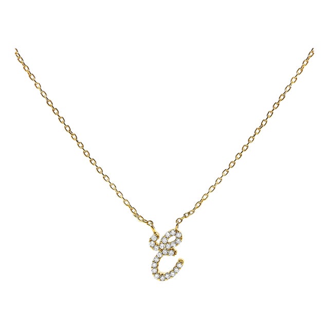 10K Yellow Gold Diamond Accent "E" Initial Script Style Pendant Necklace For Sale
