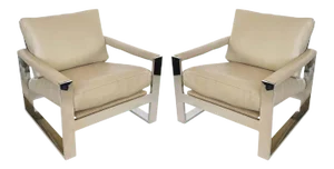 Streamlined Milo Baughman Flat Wide-Band Leather Chairs - A Pair